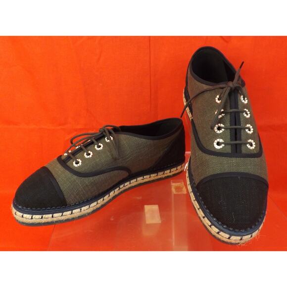 NIB CHANEL G31345 GREEN BLACK CANVAS PEARLS CC ESPADRILLE OXFORDS FLAT 39.5 9 - Picture 9 of 12